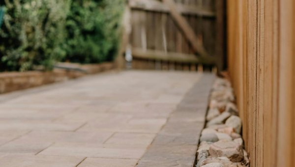 A serene view of a backyard paved stone path flanked by wooden fence and green bushes.